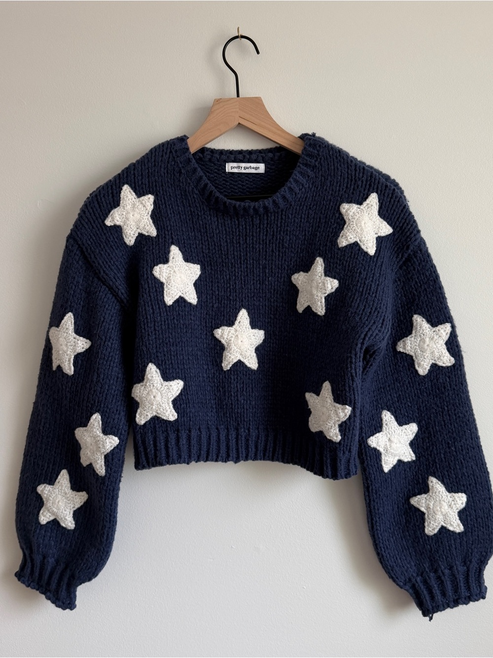 Pretty Garbage Crocheted Star Navy Cropped Crewneck Sweater
